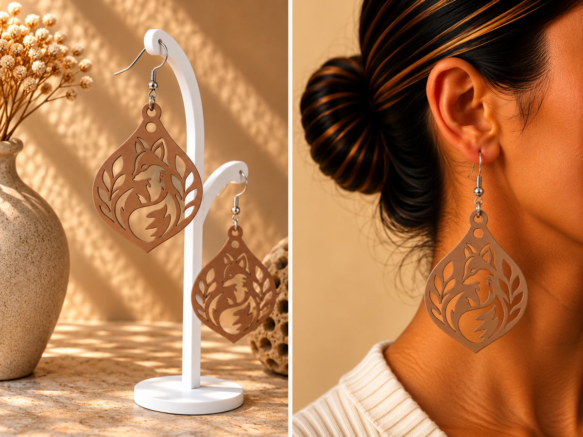 Boucles d’oreilles beige sable au motif de renard et de feuillage ajourés, présentées sur support et portées