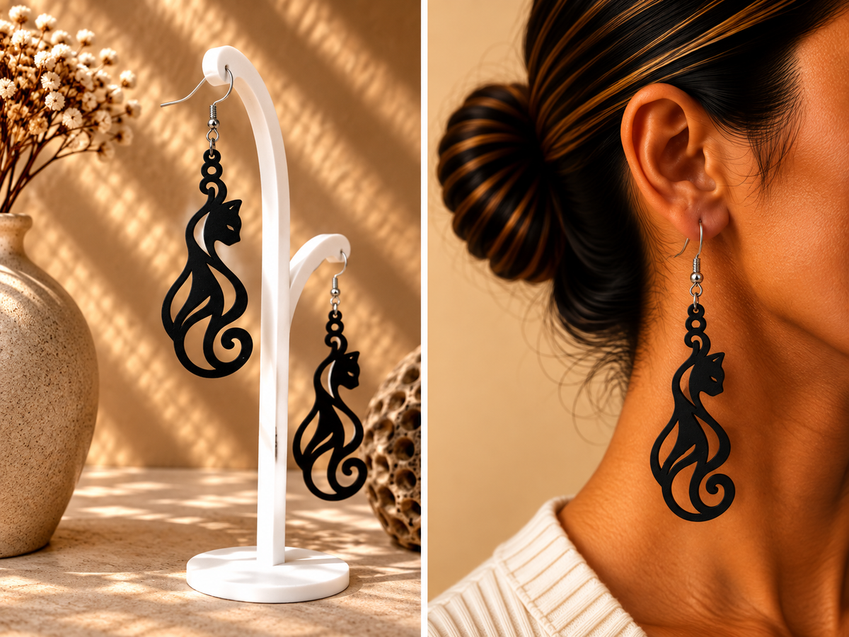 Boucles d’oreilles noires au motif de chat stylisé ajouré, présentées sur support et portées