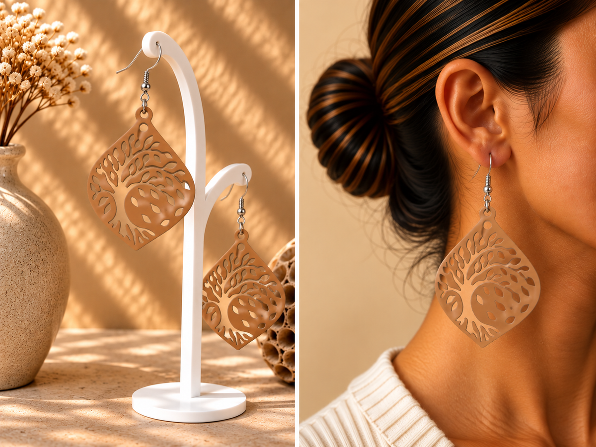 Boucles d’oreilles beige au motif circulaire d’arbre de vie ajouré, présentées sur support et portées