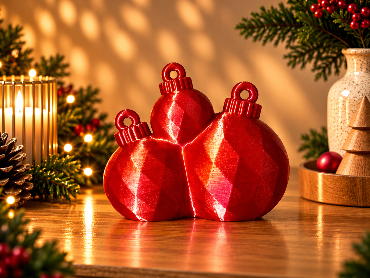 Boules en grappe, coloris Rouge et doré : trois boules de Noël à facettes réunies, hauteur 10 cm et largeur 12 cm.