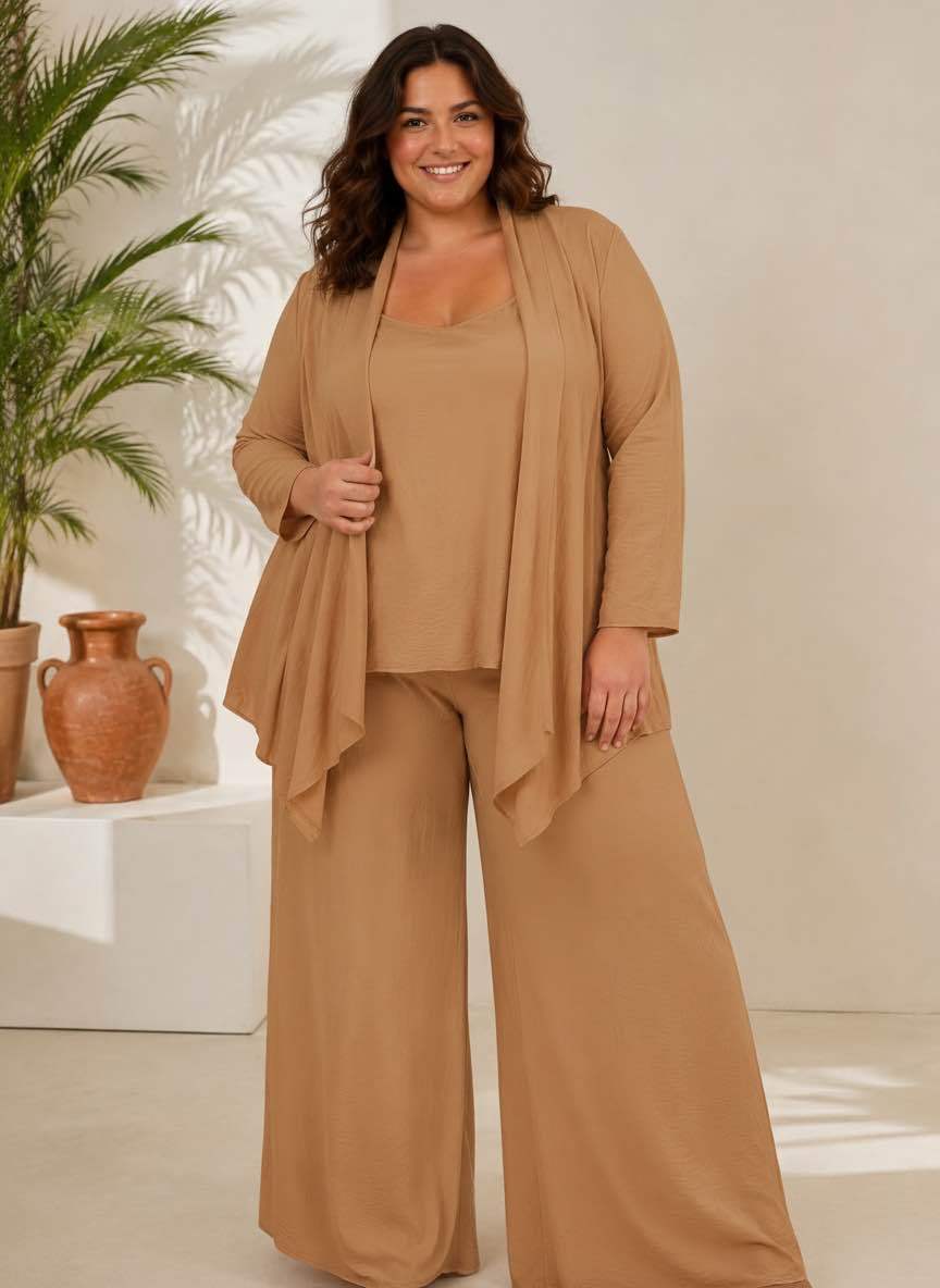 Ensemble 3 Pièces Cardigan Drapé Top et Pantalon Large