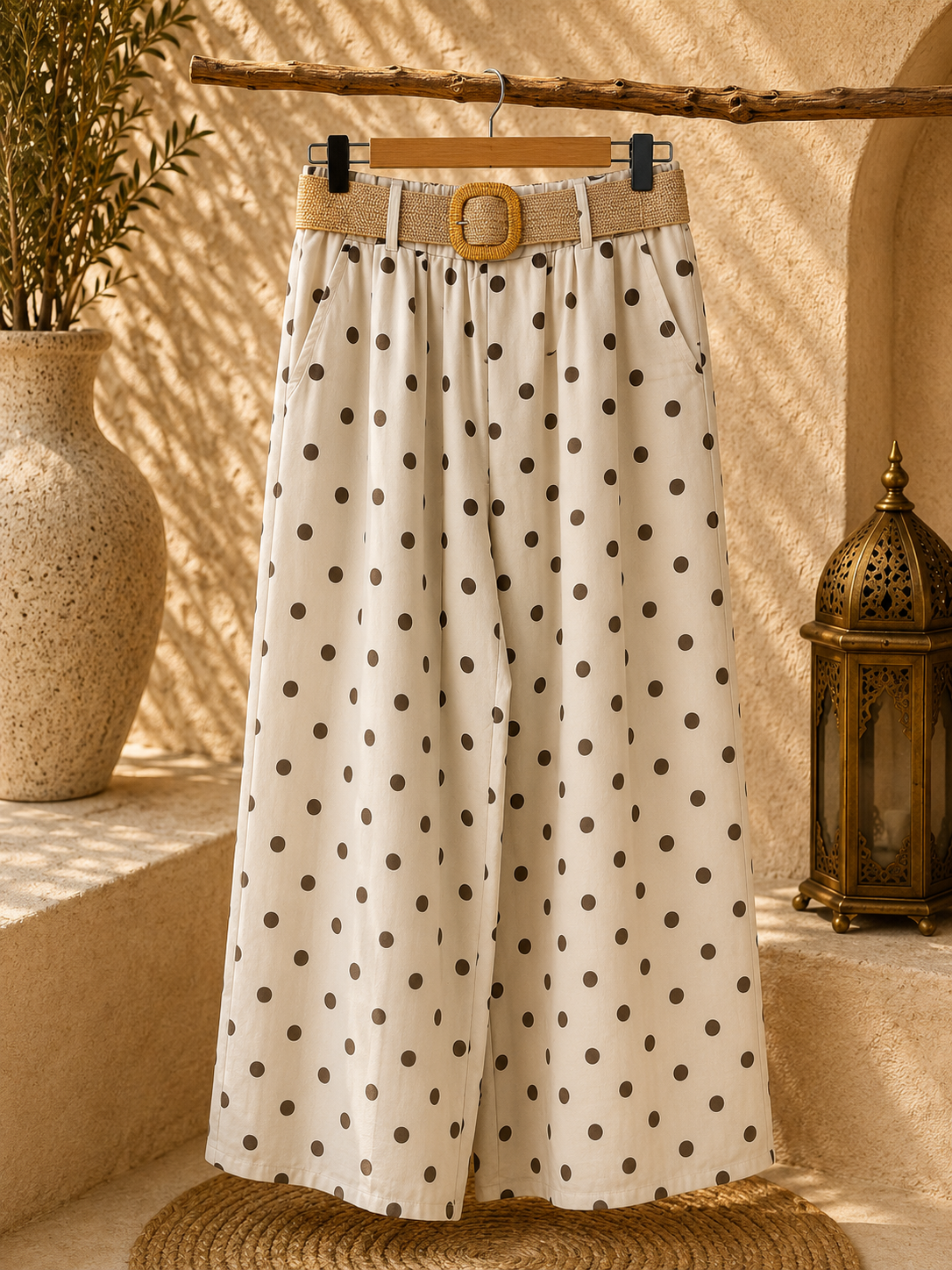 Pantalon Large à Pois avec Ceinture Raphia