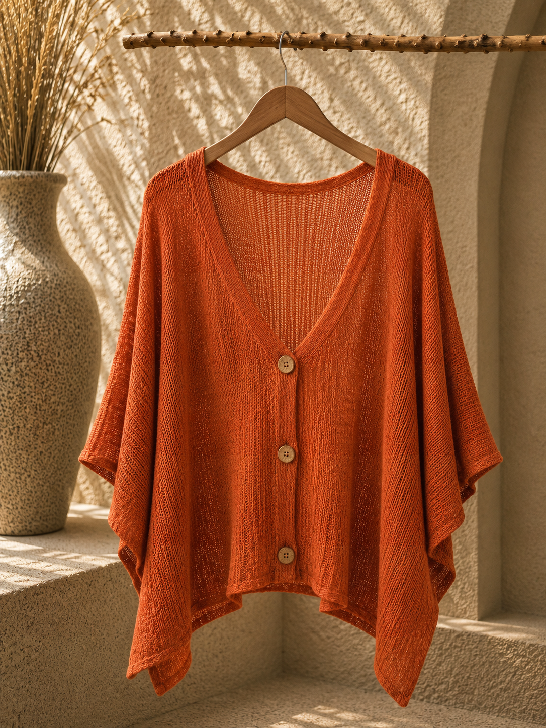 Cardigan Poncho Tricoté Ajouré Boutons Style Bois