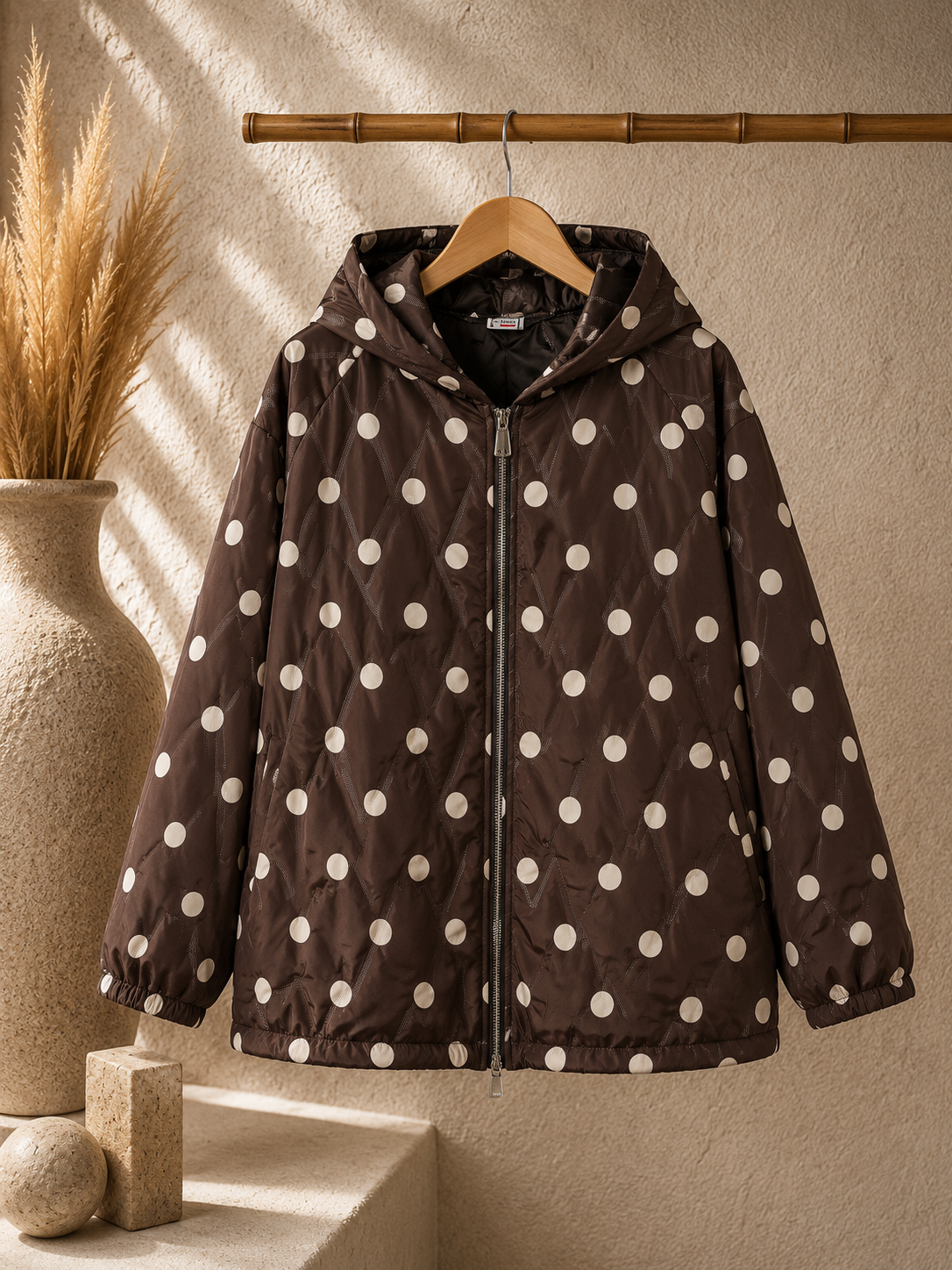 Veste Matelassée à Capuche Imprimé Pois