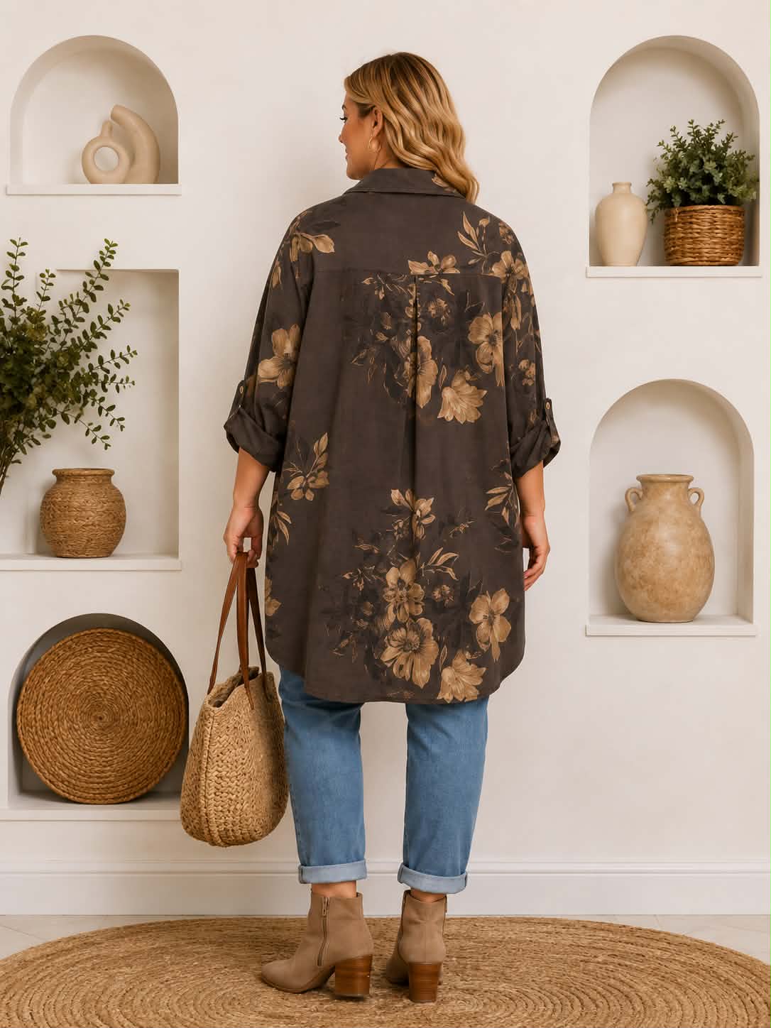 Chemise Oversize Imprimé Fleuri Bohème Fond Gris Anthracite