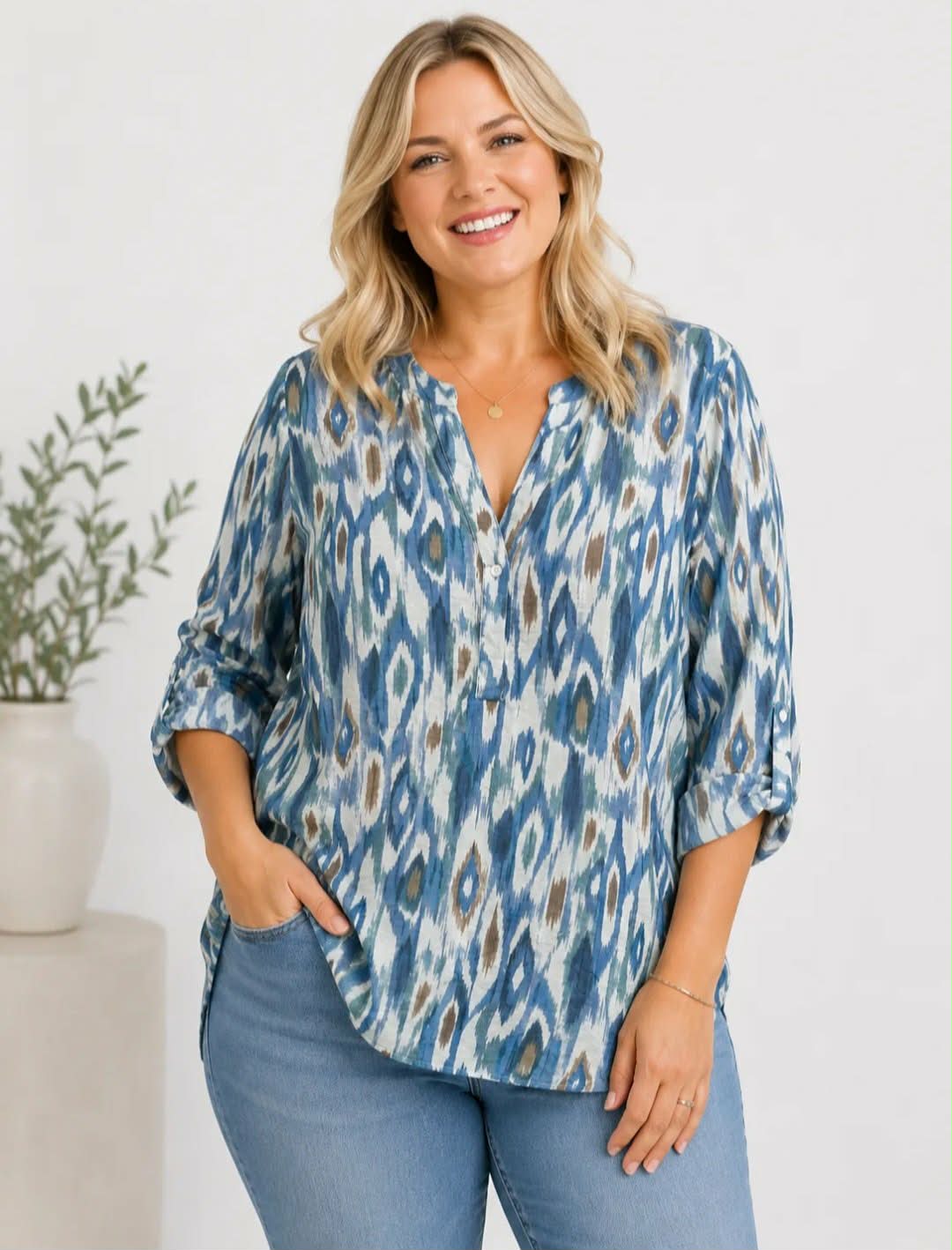 Blouse Oversize Col Tunisien Fente Boutonnée Imprimé Ikat Ethnique