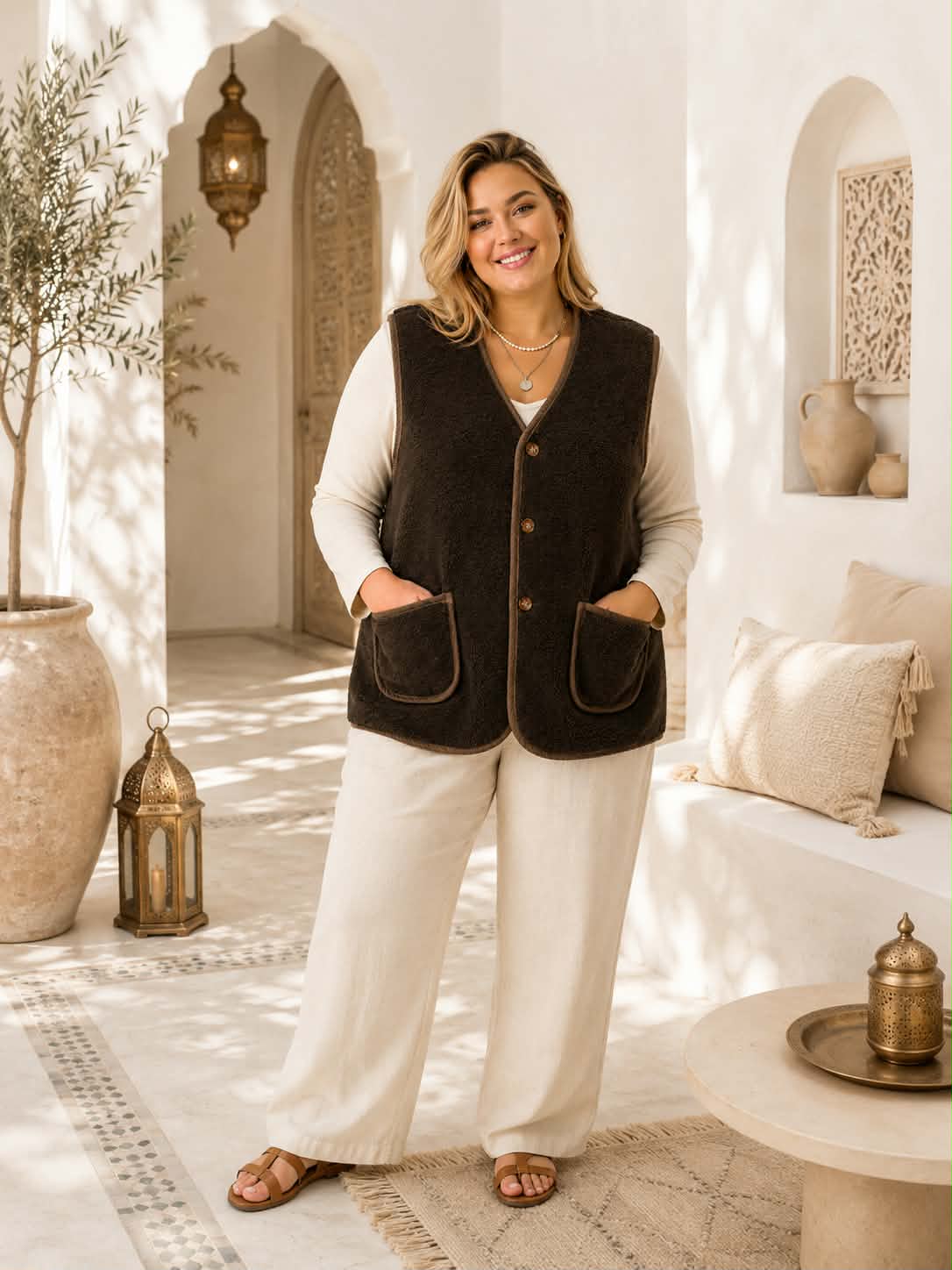 Gilet Sans Manches Col V Sherpa Boutons Bois Liséré Contrasté 2 Poches Patch
