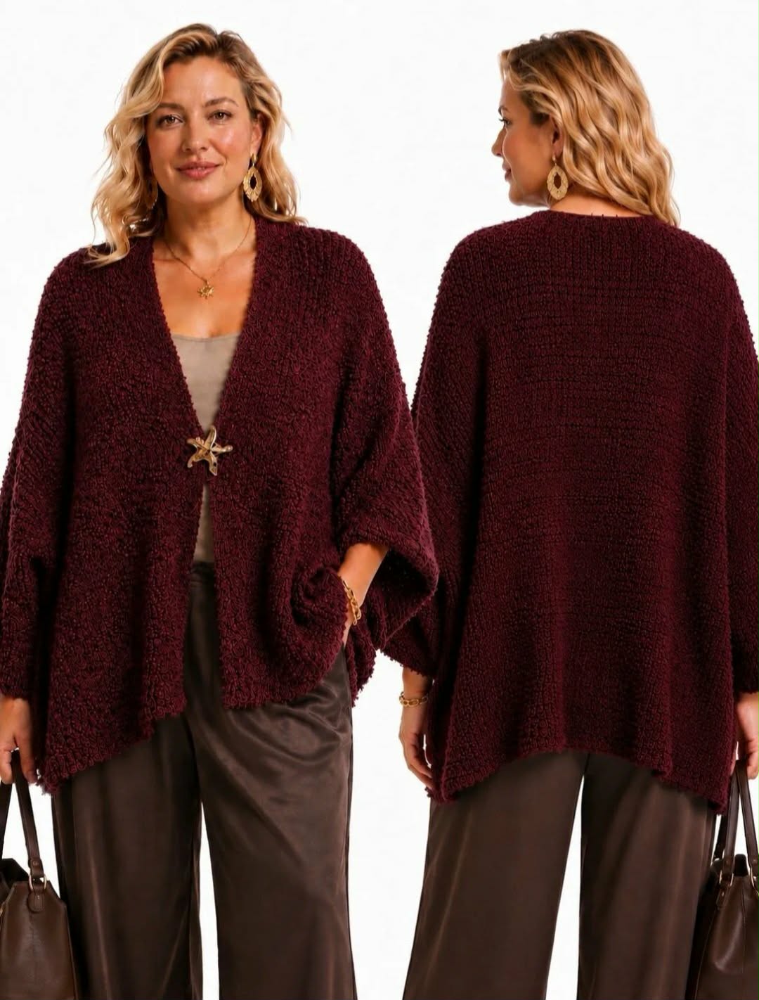 Cardigan Ouvert Oversize Maille Bouclée Chinée Bordeaux/Noir Manches Chauve-Souris
