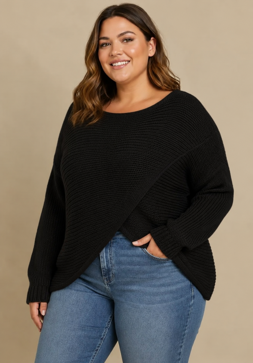 Pull Oversize Col Bateau Large Maille Tricot Côtelée Croisée Devant Manches Longues
