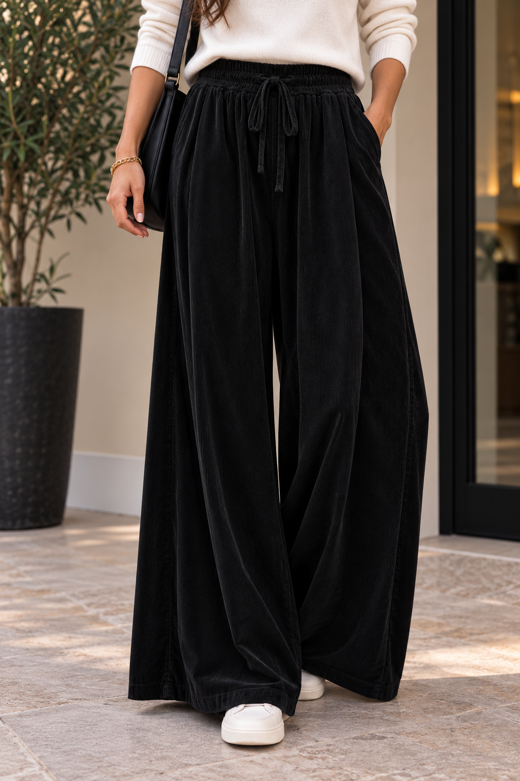 Pantalon Large Velours Côtelé Taille Élastiquée Smockée Cordon Plis Tombants 2 Poches
