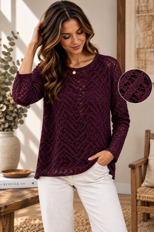 Top Oversize Col Rond Maille Ajourée Crochet Motif Géométrique Chevrons Manches Longues