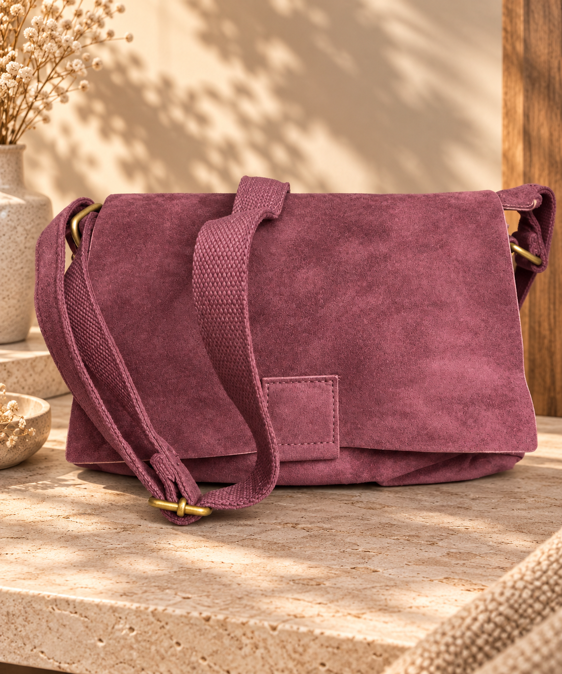 Sac Bandoulière Compact Suède Vieilli Rabat Languette 2 Compartiments Intérieurs Zip Pression Poche Extérieure Pression