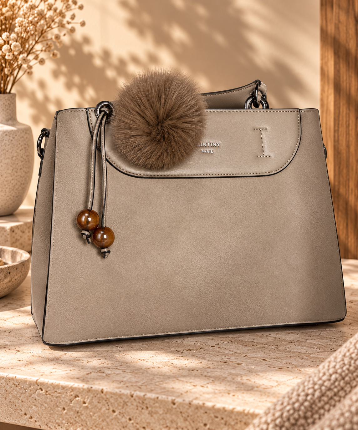 Sac à Main Trapèze Simili Cuir Vieilli Rabat Demi-Lune Poignée Pompon Fourrure Breloque Perles Plusieurs Compartiments Zip
