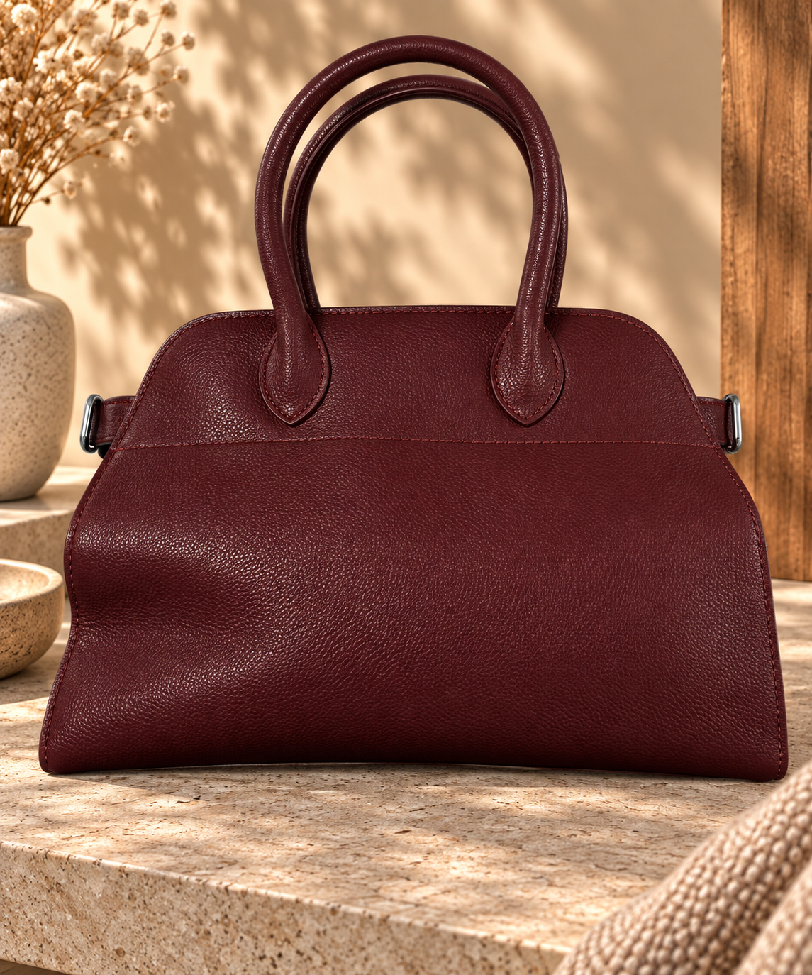 Sac à Main Bowling Simili Cuir Grainé Double Poignée Roulée Bandoulière Amovible Surpiqûres