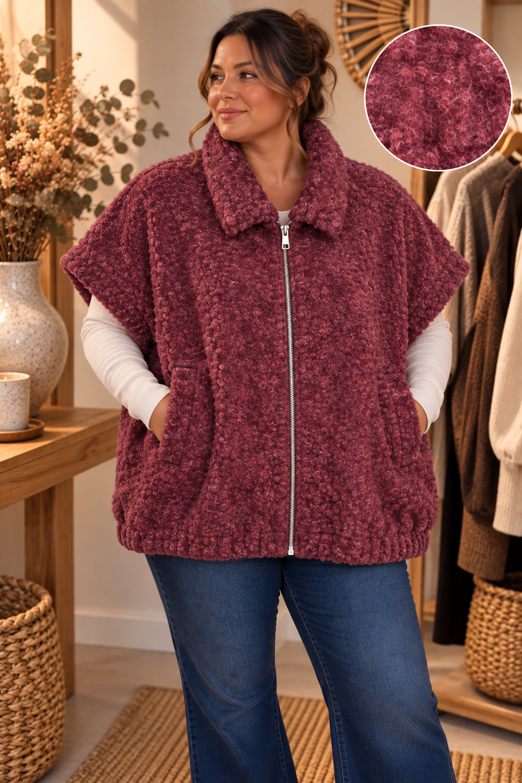 Gilet Sans Manches Teddy Bouclé Col Chemise Rabattu Zippé 2 Poches Plaquées Bord Côte Bas