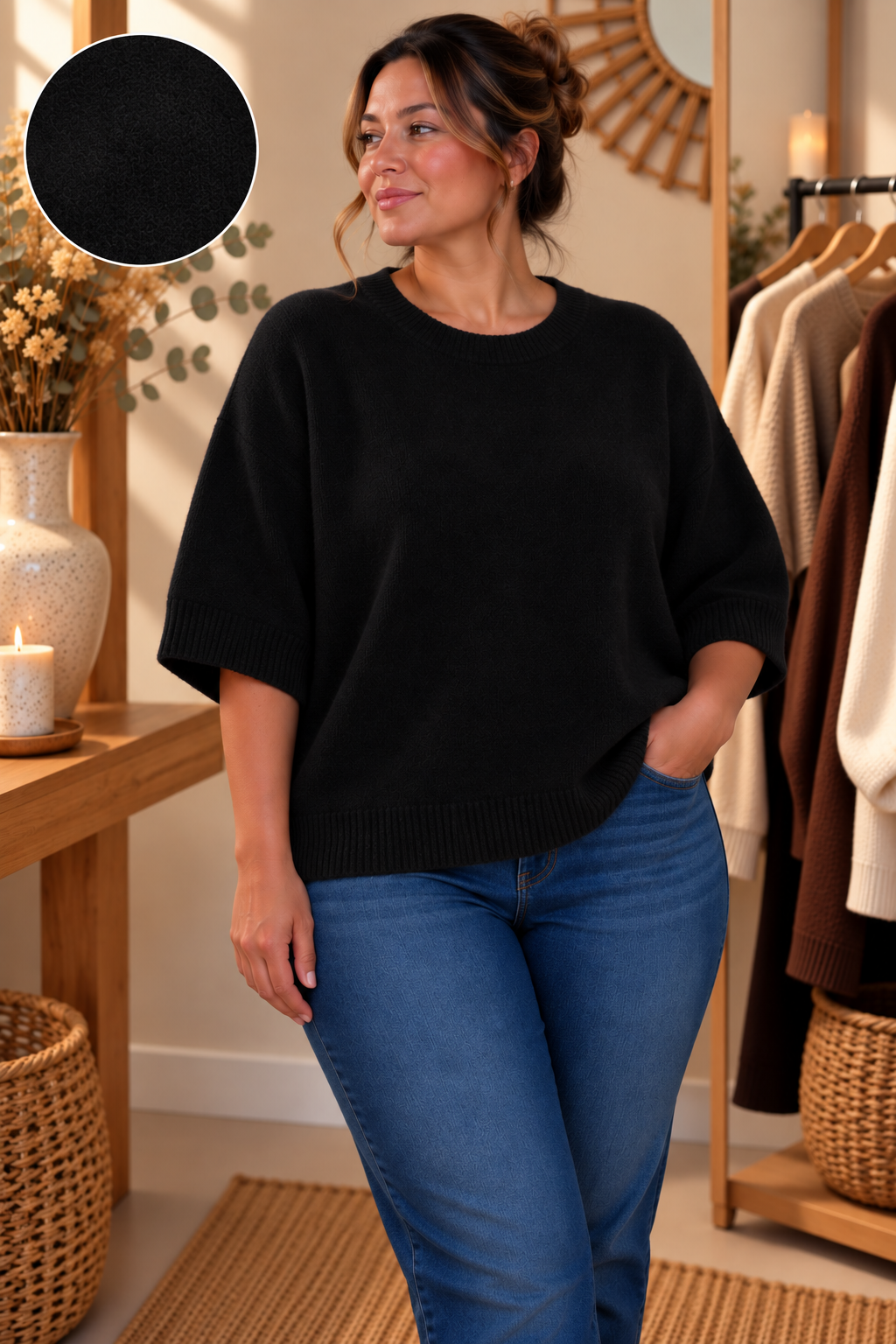 Pull Oversize Col Rond Manches Chauve-Souris 3/4 Bord Côte Maille Chinée