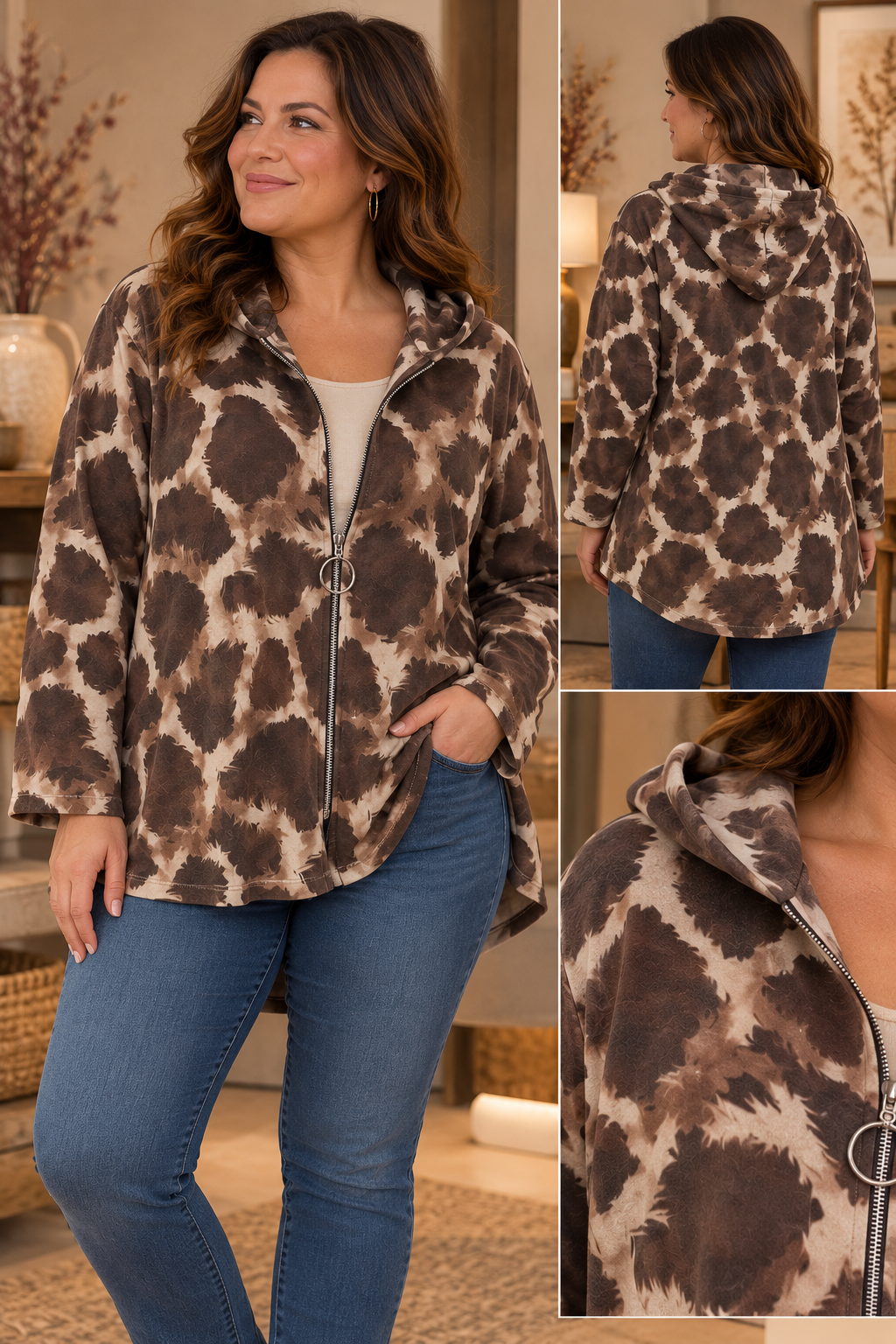Sweat Zippé Capuche Imprimé Léopard Grandes Taches Fermeture Éclair Anneau Métallique Manches Larges Oversize