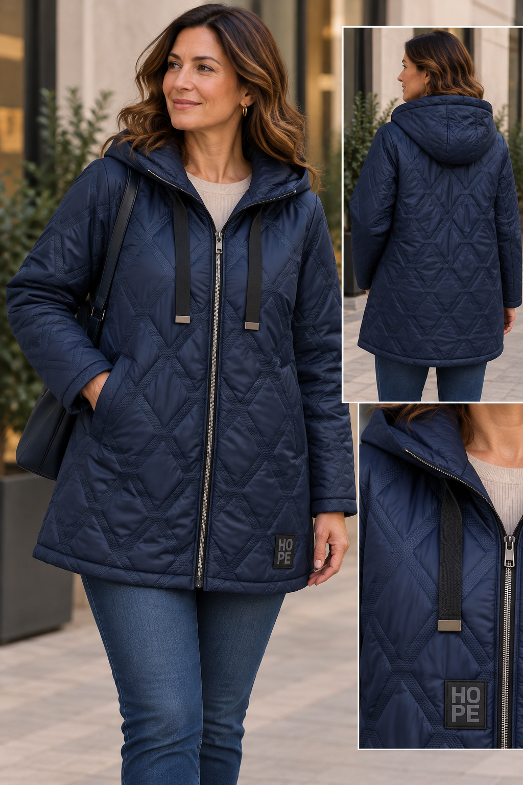 Manteau Matelassé Long Mi-Cuisse Capuche Losanges Chevrons Cordons Rubans Plats