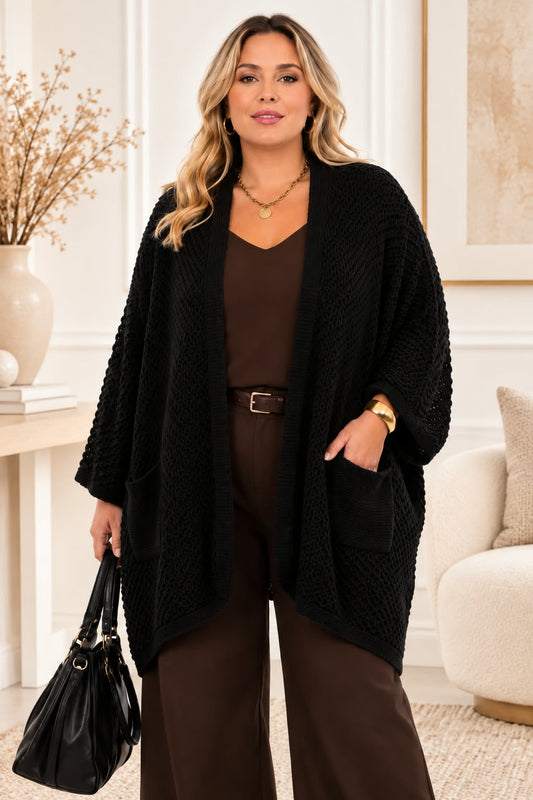 Cardigan Oversize Ouvert en Maille Texturée 2 Poches Plaquées