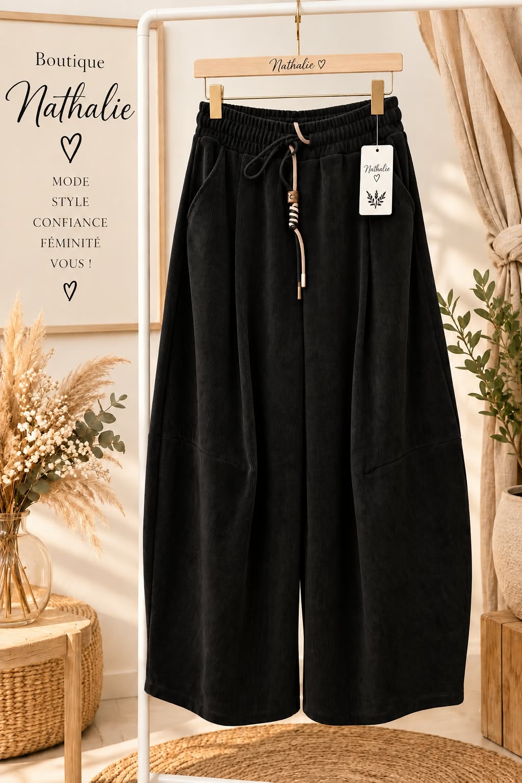 Pantalon ample à taille élastiquée, cordon et poches