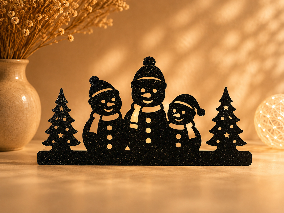 Trois bonshommes de neige en silhouette noire entre deux sapins