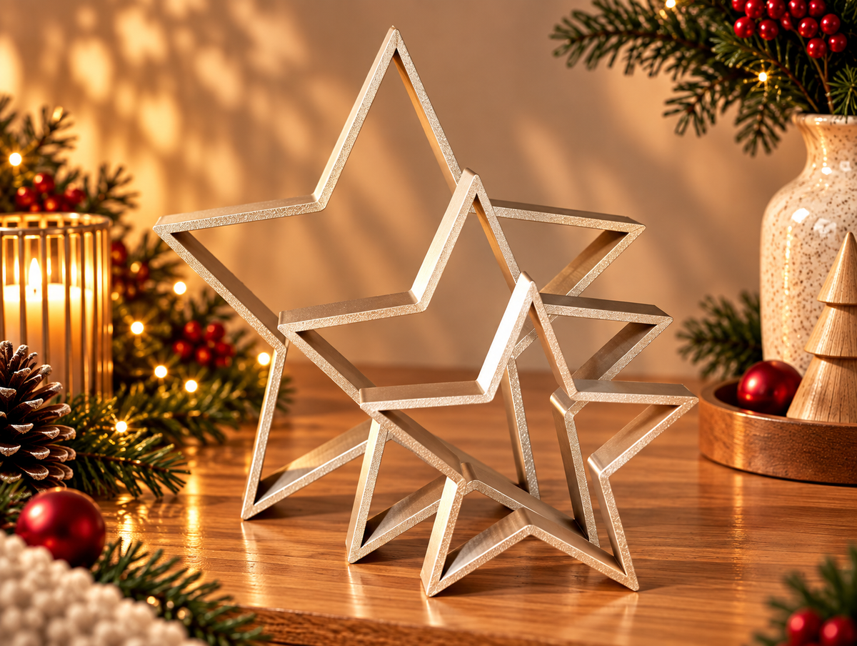 Trio d’étoiles décoratives ajourées dorées de trois tailles, à poser.