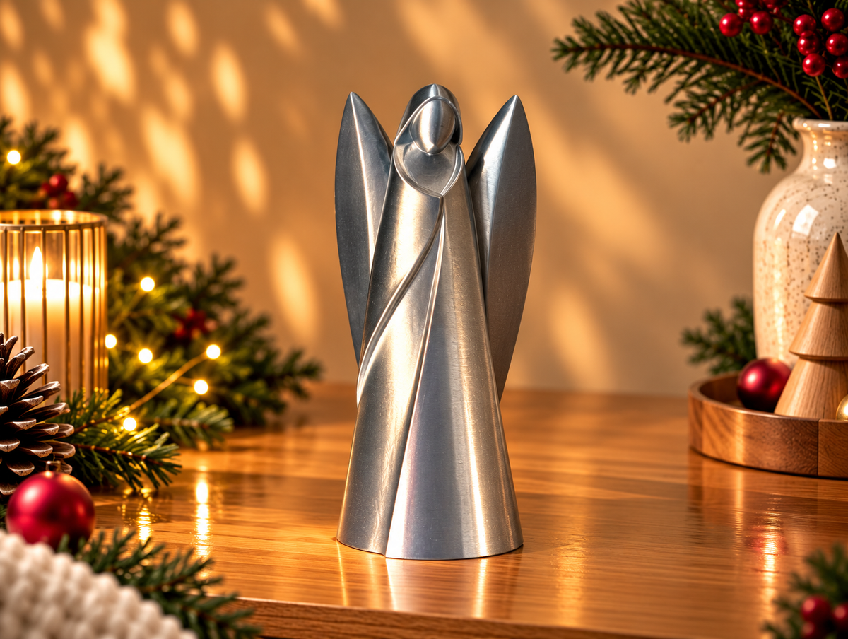 L’Ange de Noël argenté, décoration à poser de 15 cm aux ailes dressées.
