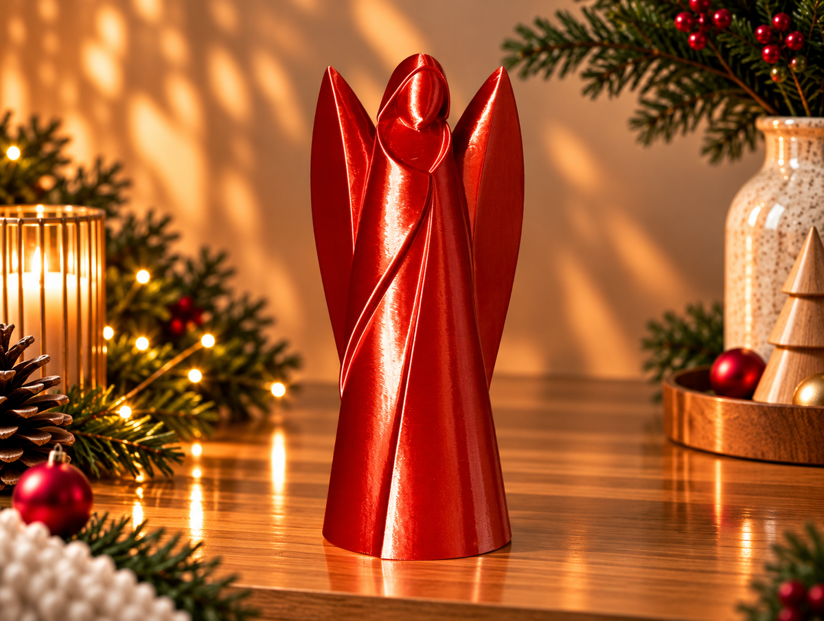 L’Ange de Noël en rouge cuivré brillant, décoration à poser de 15 cm aux ailes dressées.