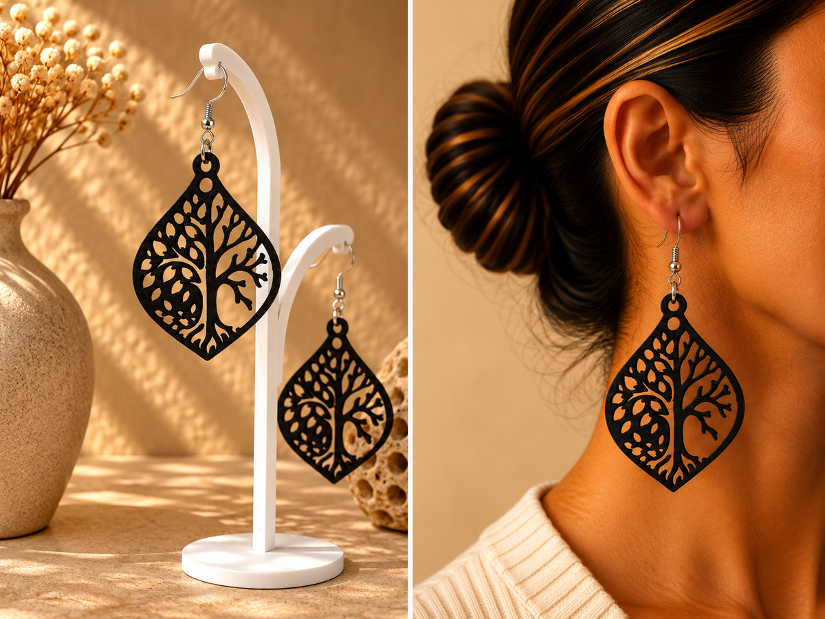 Boucles d’oreilles noires en forme de feuille avec motif d’arbre de vie ajouré, présentées sur support et portées