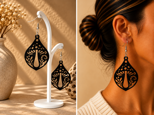 Boucles d’oreilles noires au motif de champignon et de végétaux ajourés, présentées sur support et portées