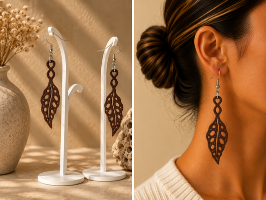 Boucles d’oreilles longues couleur chocolat au motif de feuille de bégonia ajourée, présentées sur support et portées