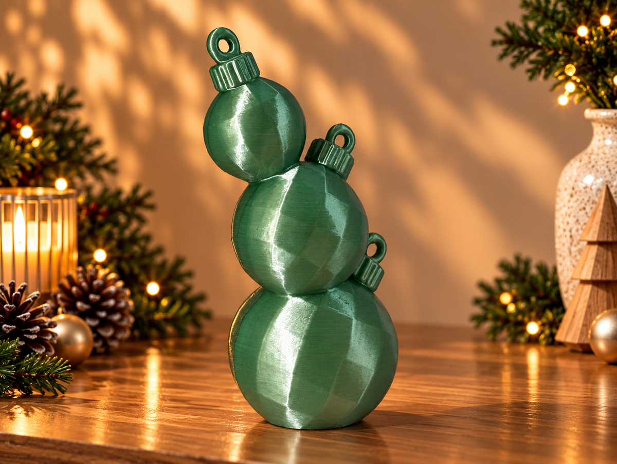 Boules en équilibre en Vert brillant : trois boules de Noël à facettes superposées, hauteur 18 cm.