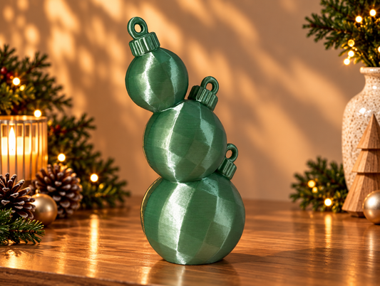 Boules en équilibre en Vert brillant : trois boules de Noël à facettes superposées, hauteur 18 cm.