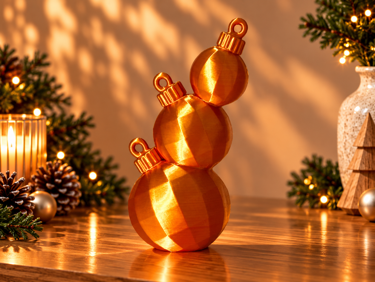 Boules en équilibre en Rouge et doré : trois boules de Noël à facettes superposées, hauteur 18 cm.