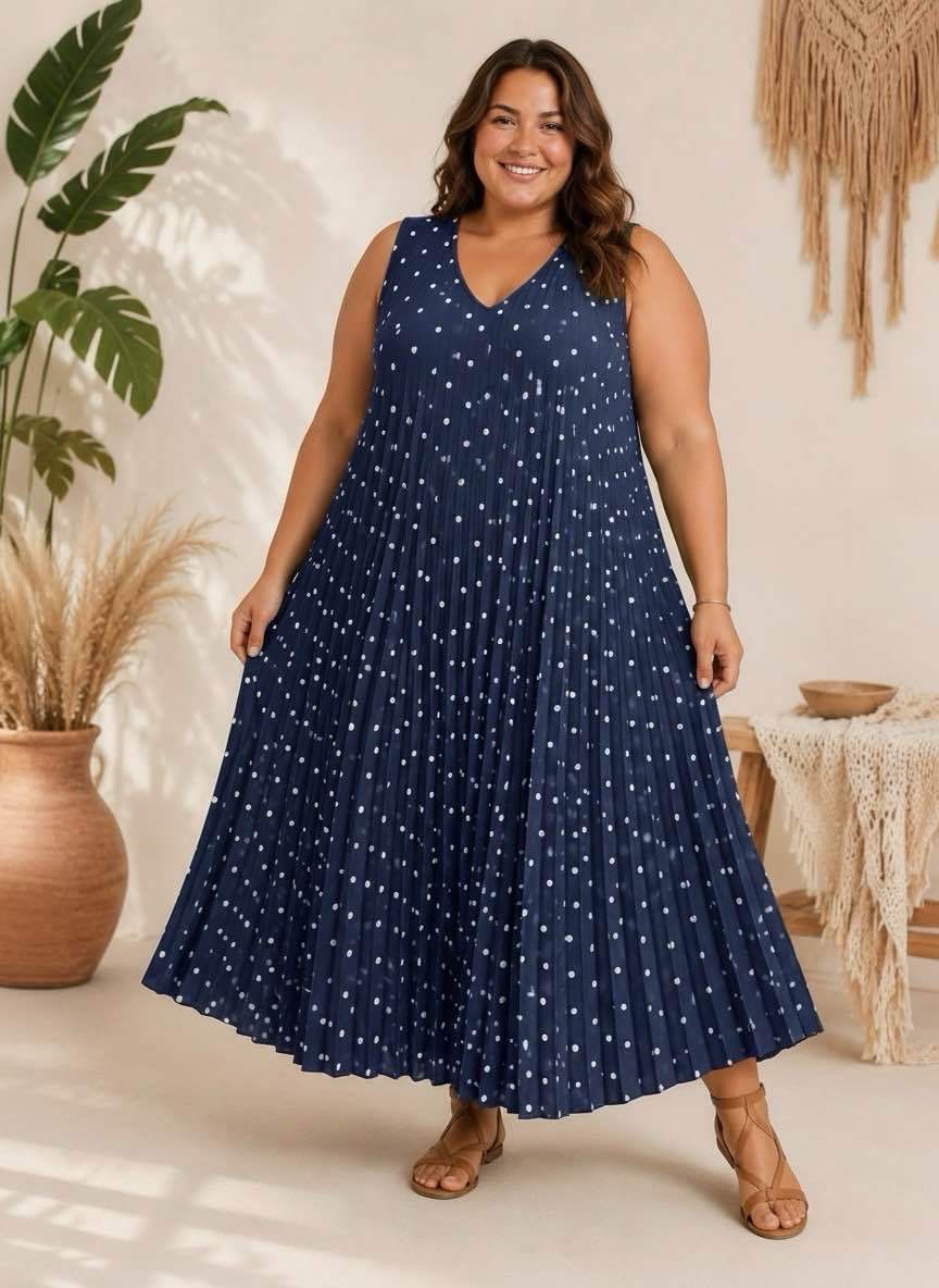 Robe Maxi Plissée à Pois