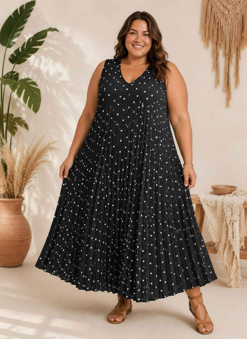 Robe Maxi Plissée à Pois
