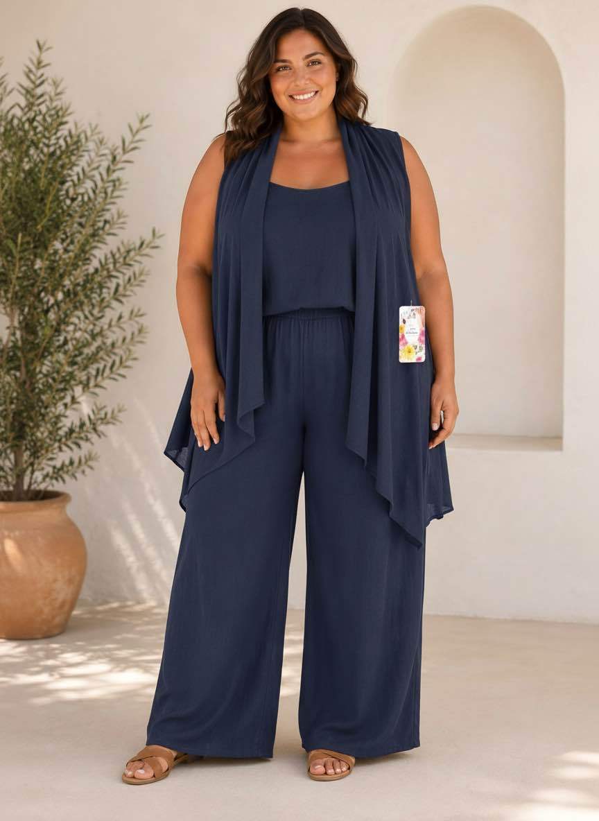 Ensemble 3 Pièces Gilet Drapé Top et Pantalon Large