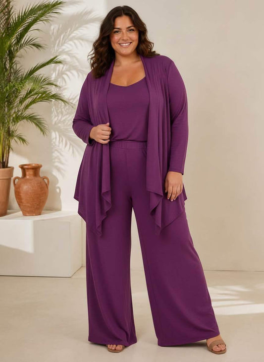 Ensemble 3 Pièces Cardigan Drapé Top et Pantalon Large