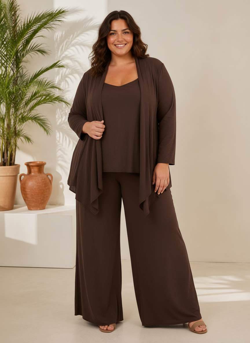 Ensemble 3 Pièces Cardigan Drapé Top et Pantalon Large