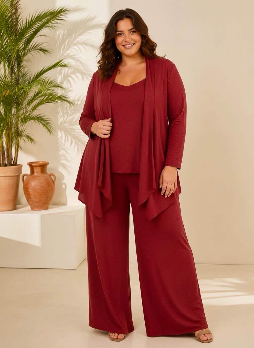 Ensemble 3 Pièces Cardigan Drapé Top et Pantalon Large