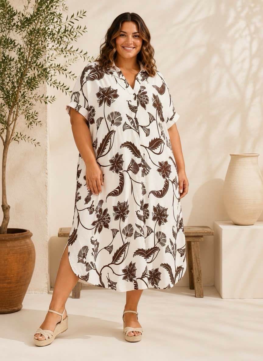 Robe Chemise Longue Florale Col Rabattu