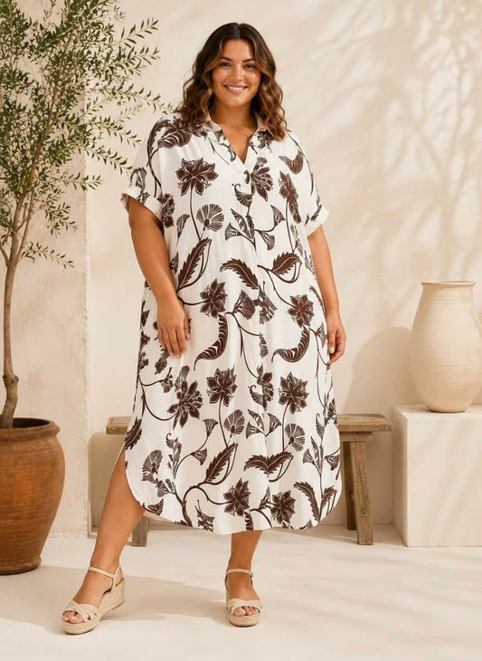 Robe Chemise Longue Florale Col Rabattu
