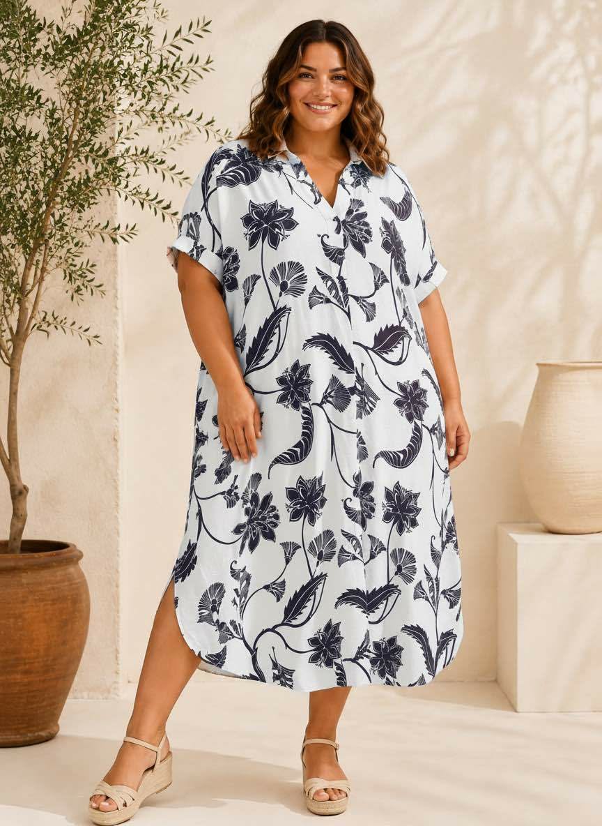 Robe Chemise Longue Florale Col Rabattu