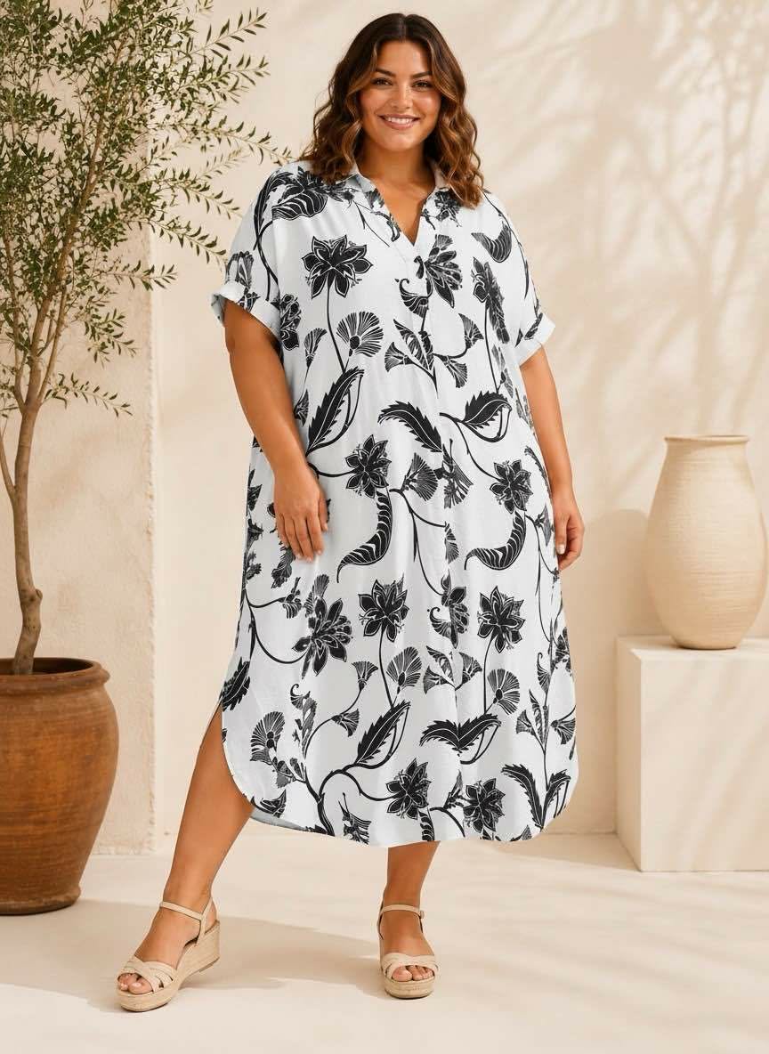 Robe Chemise Longue Florale Col Rabattu