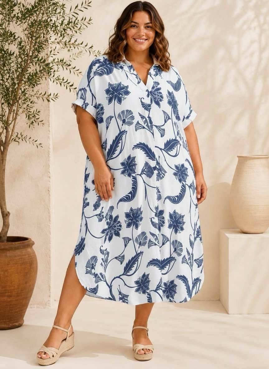Robe Chemise Longue Florale Col Rabattu