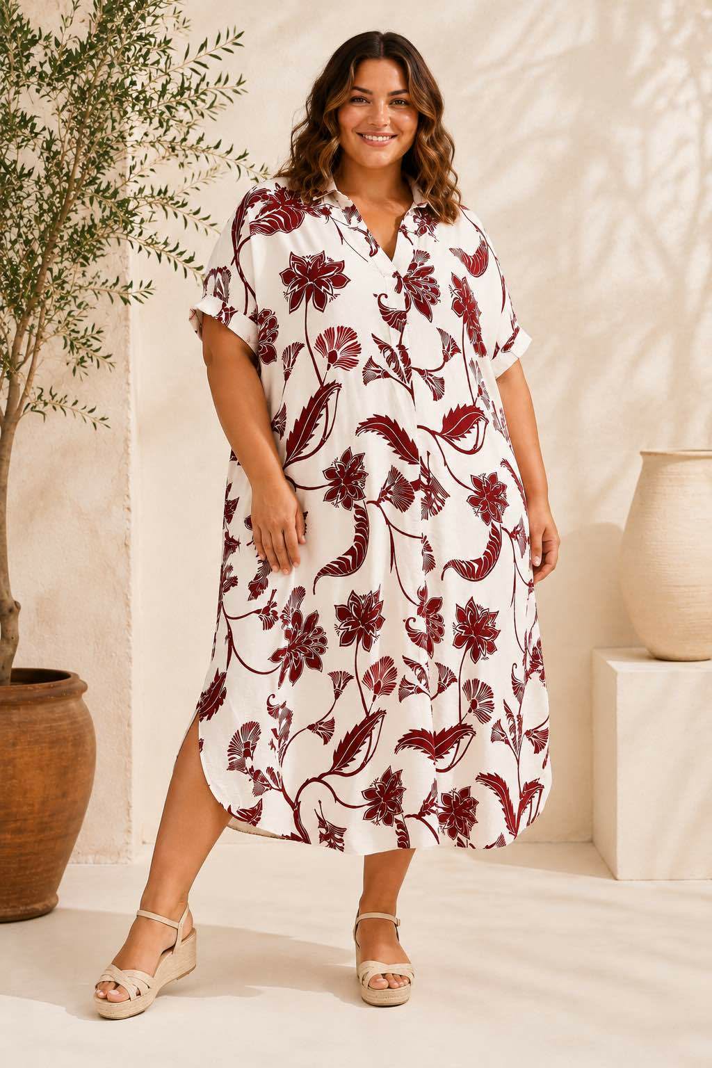 Robe Chemise Longue Florale Col Rabattu