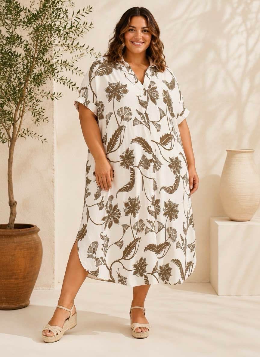 Robe Chemise Longue Florale Col Rabattu