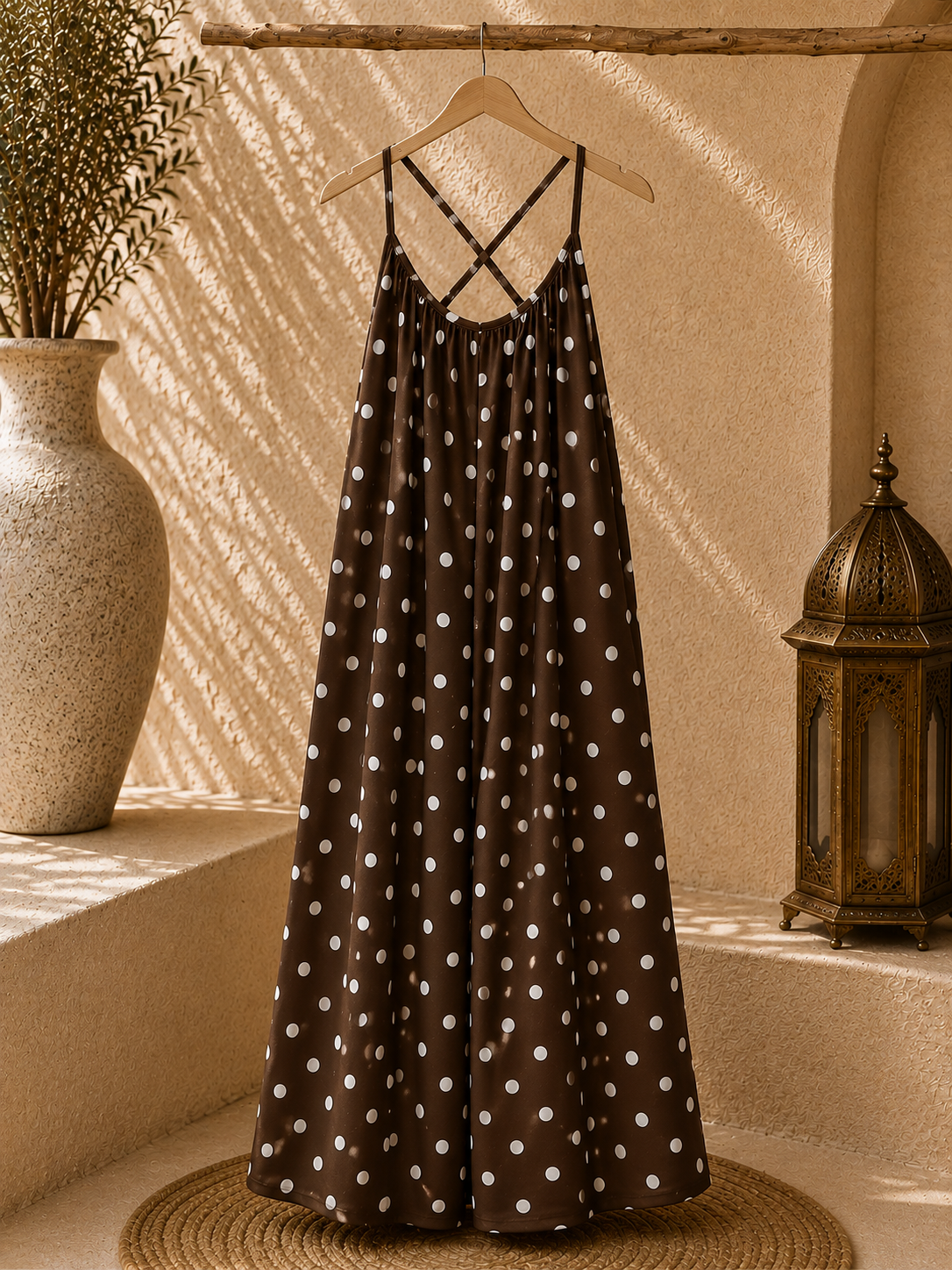 Robe Maxi à Pois Bretelles Croisées