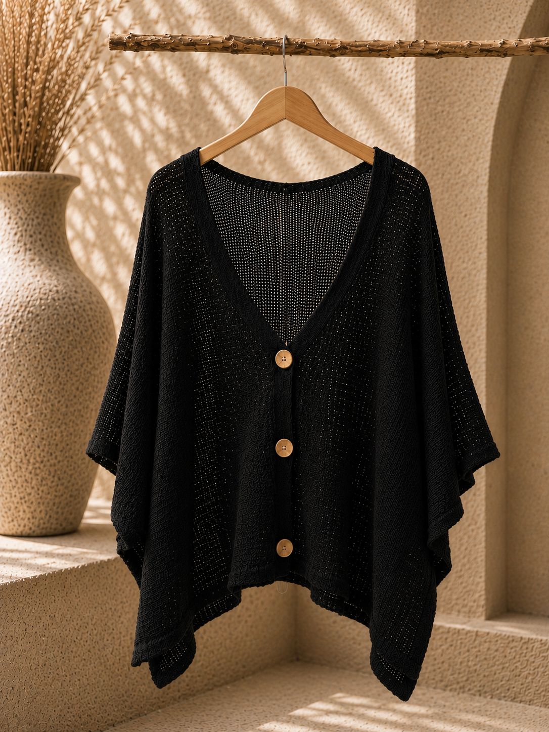Cardigan Poncho Tricoté Ajouré Boutons Style Bois
