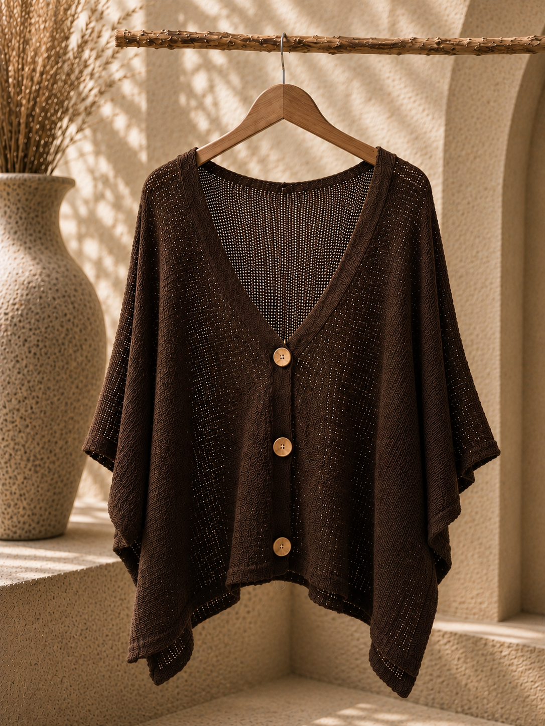 Cardigan Poncho Tricoté Ajouré Boutons Style Bois